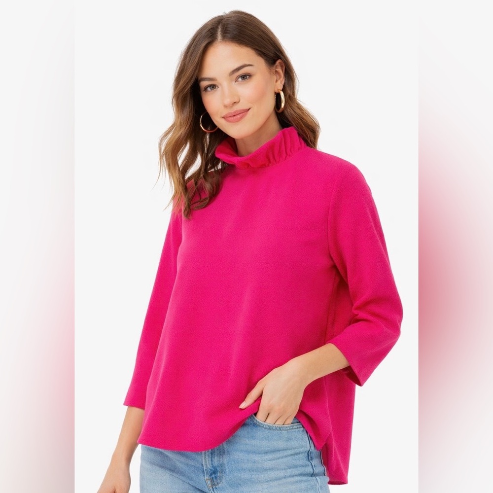 Pomander Place Hot Pink Ruffle Neck Swing Top Back Bow Statement Blouse - Picture 2 of 9